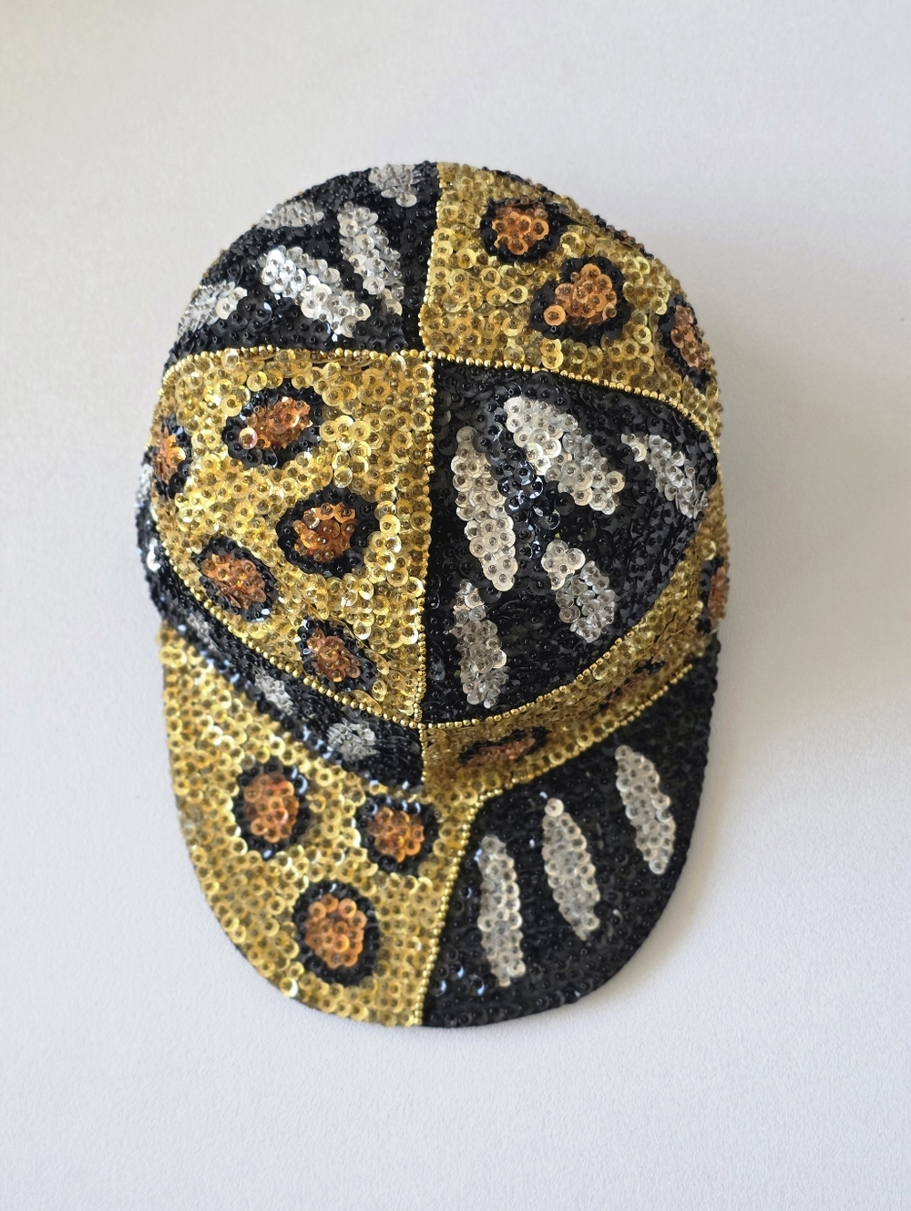 Y2K Sequin Leopard Print Hat Gold Black Mob Wife McBling Glam Statement Cap Vtg - Picture 3 of 16